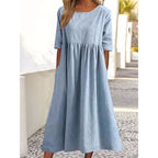Saoirse | Womens Round Neck Cotton Linen Loose Midi Wedding Guest Summer Dresses - 12