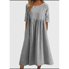 Saoirse | Womens Round Neck Cotton Linen Loose Midi Wedding Guest Summer Dresses - 14