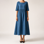 Saoirse | Womens Wedding Guest Summer Midi Cotton Linen Round Neck Dresses, Blue