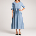 Saoirse | Womens Wedding Guest Summer Midi Cotton Linen Round Neck Dresses, Light Blue