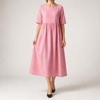 Saoirse | Womens Wedding Guest Summer Midi Cotton Linen Round Neck Dresses, Pink
