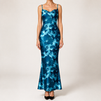 Saskia | Womens Floral Print Strappy Sleeveless Summer Slip Wedding Guest Dresses, Lake Blue