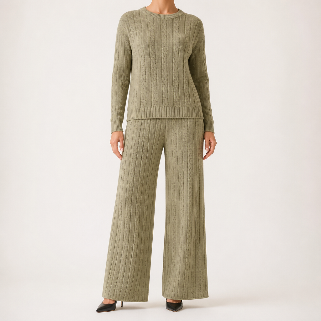 Seraphine | Womens Knit Jumper Vest Wide Leg Trousers Clothing Set, Khaki 3