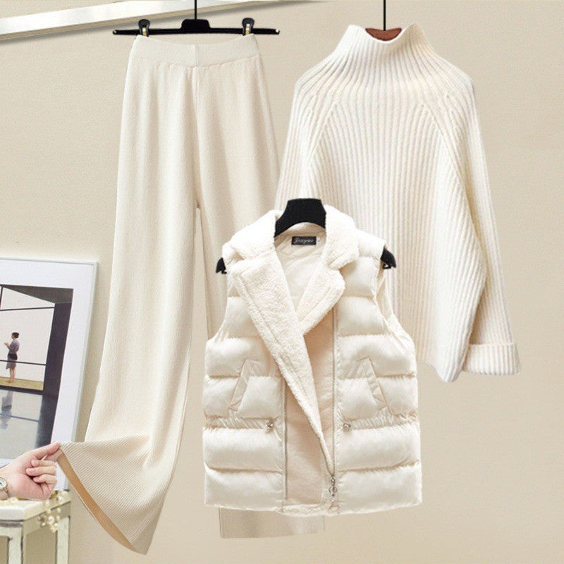 Seraphine | Womens Knit Vest Jumper and Wide Leg Trousers Set - White Sweater Beige Plain Pants Vest