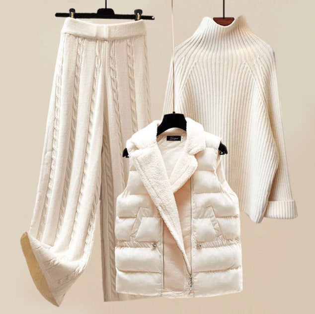 Seraphine | Womens Knit Vest Jumper and Wide Leg Trousers Set - White Sweater Beige Twist Trousers Vest