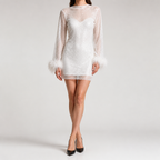 Shelley | Womens Long Sleeve Bodycon Dress Sheer Mesh Shimmer Party Wedding Guest, White