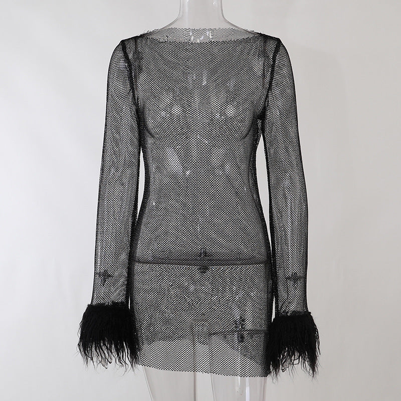 Shelley | Womens Long Sleeve Bodycon Dress Sheer Mesh Shimmer Party Wedding Guest