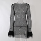 Shelley | Womens Long Sleeve Bodycon Dress Sheer Mesh Shimmer Party Wedding Guest