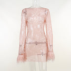 Shelley | Womens Long Sleeve Bodycon Dress Sheer Mesh Shimmer Party Wedding Guest