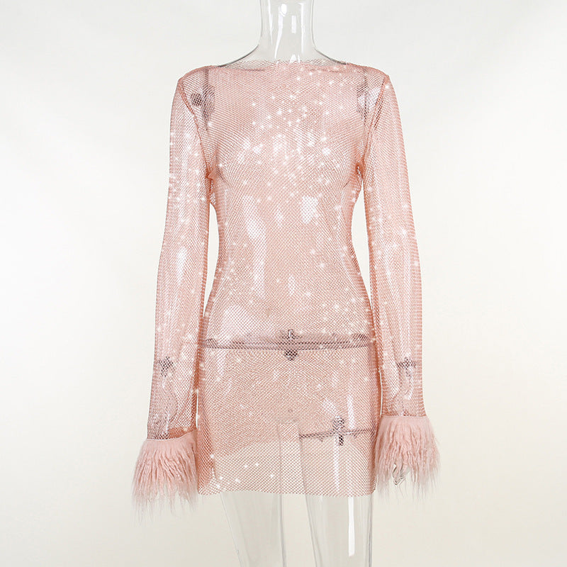 Shelley | Womens Long Sleeve Bodycon Dress Sheer Mesh Shimmer Party Wedding Guest