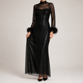 Shelley | Womens Long Sleeve Bodycon Dress Sheer Mesh Shimmer Party Wedding Guest, Black