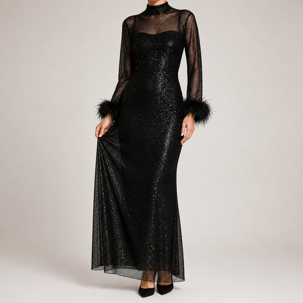 Shelley | Womens Long Sleeve Bodycon Dress Sheer Mesh Shimmer Party Wedding Guest, Black