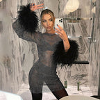 Shelley | Womens Long Sleeve Bodycon Dress Sheer Mesh Shimmer Party Wedding Guest