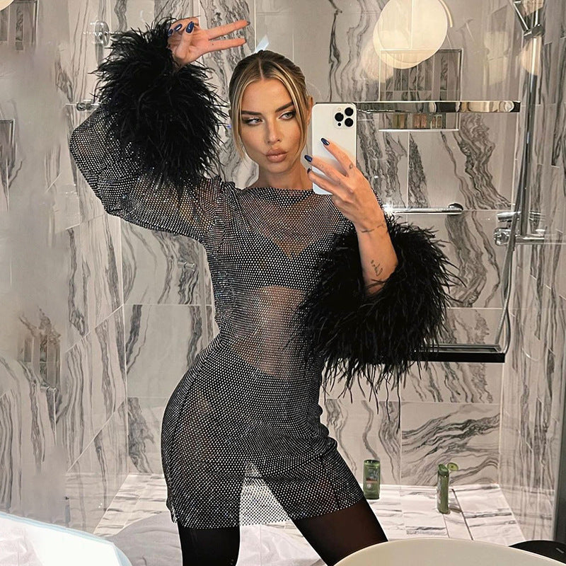 Shelley | Womens Long Sleeve Bodycon Dress Sheer Mesh Shimmer Party Wedding Guest