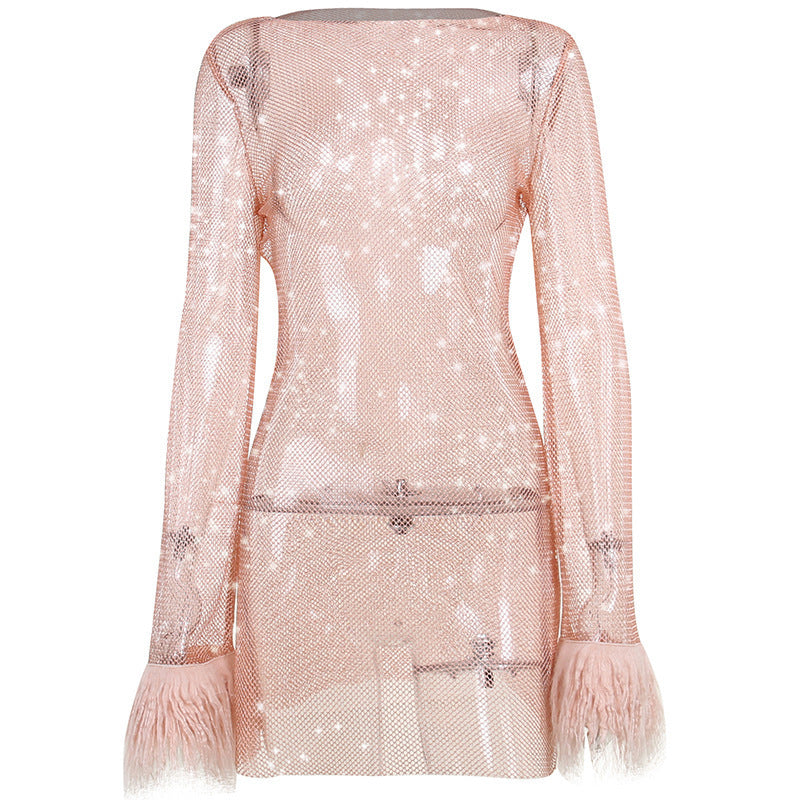 Shelley | Womens Long Sleeve Bodycon Dress Sheer Mesh Shimmer Party Wedding Guest