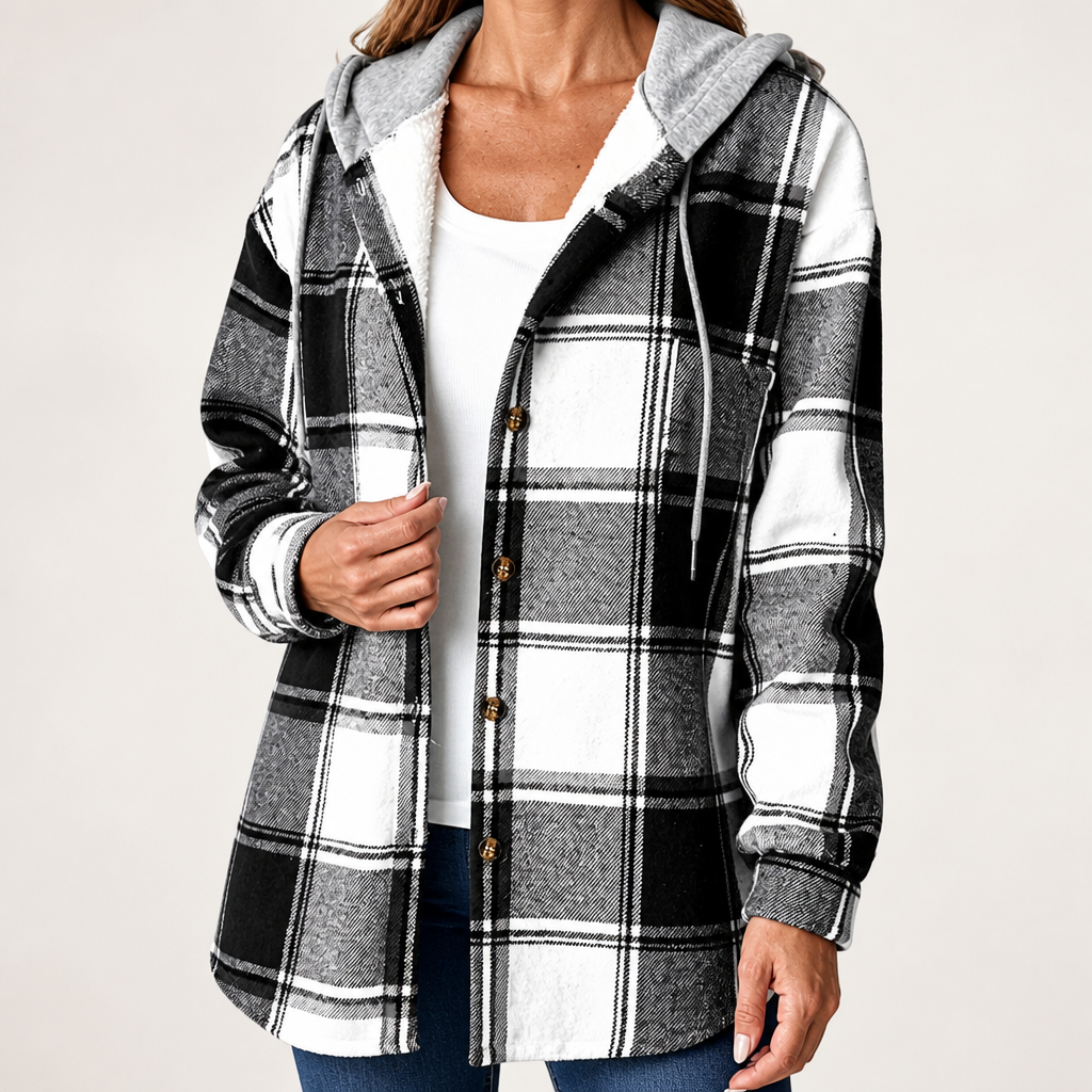 Shiloh | Womens Plaid Hooded Button Up Casual Shirt Jacket, Black