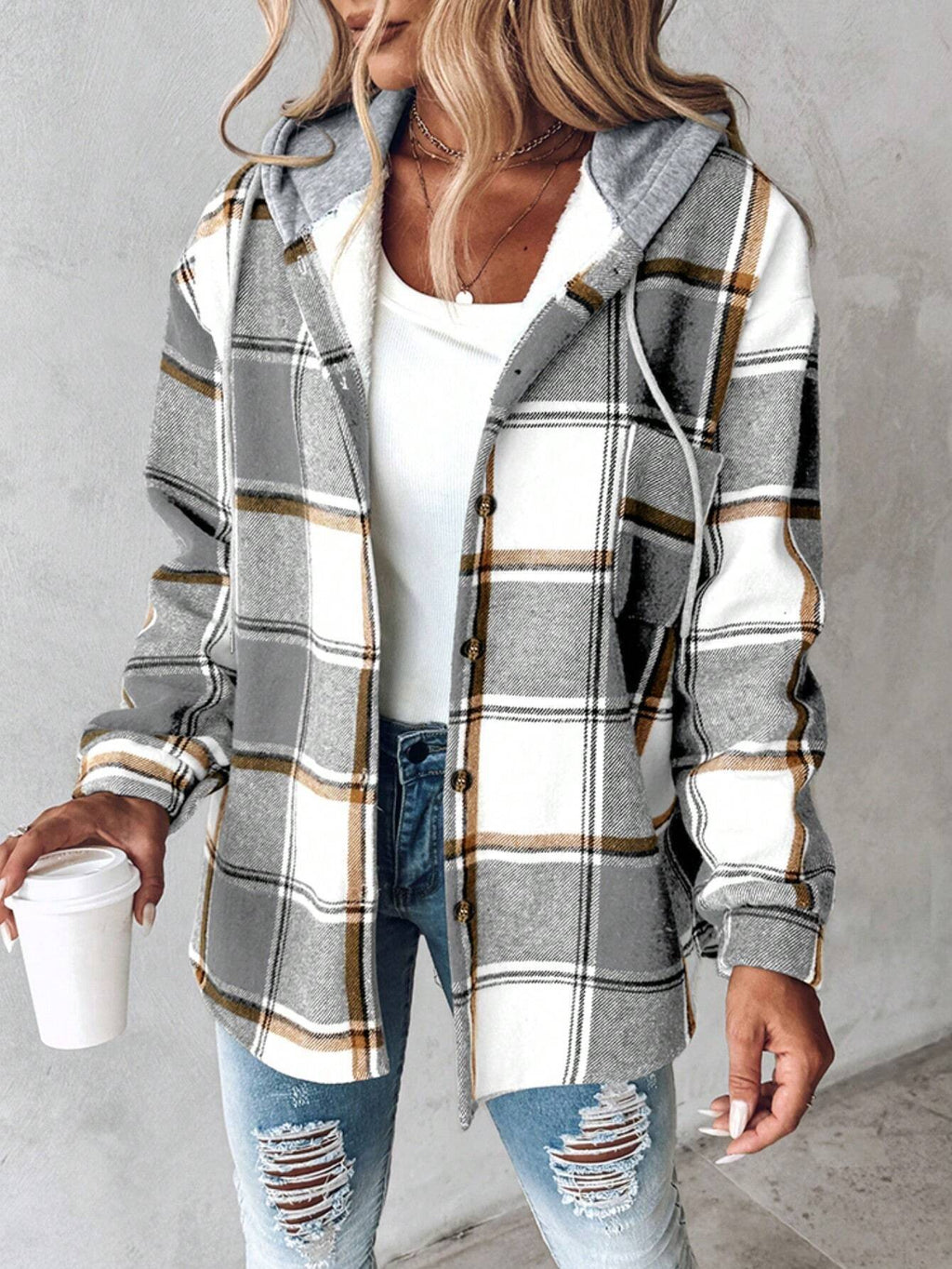Shiloh | Womens Plaid Hooded Button Up Casual Shirt Jacket