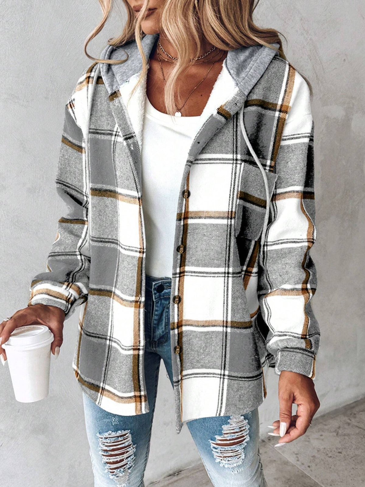 Shiloh | Womens Plaid Hooded Button Up Casual Shirt Jacket