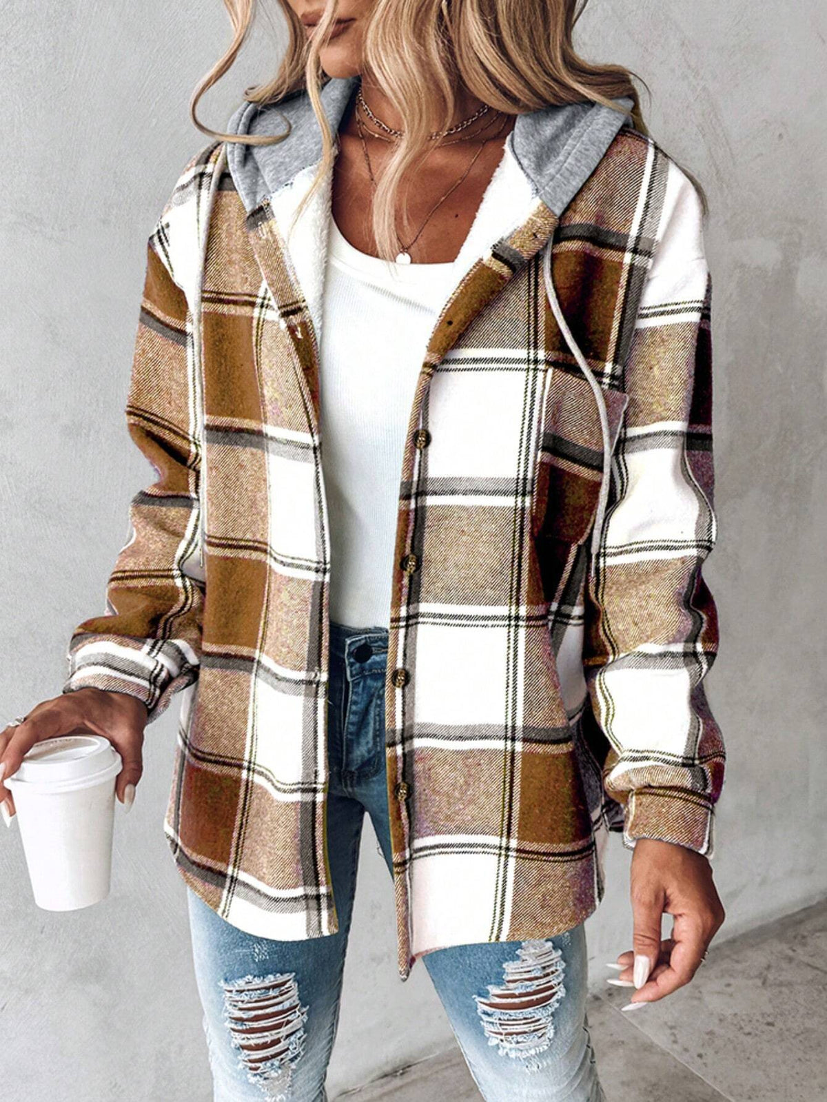 Shiloh | Womens Plaid Hooded Button Up Casual Shirt Jacket