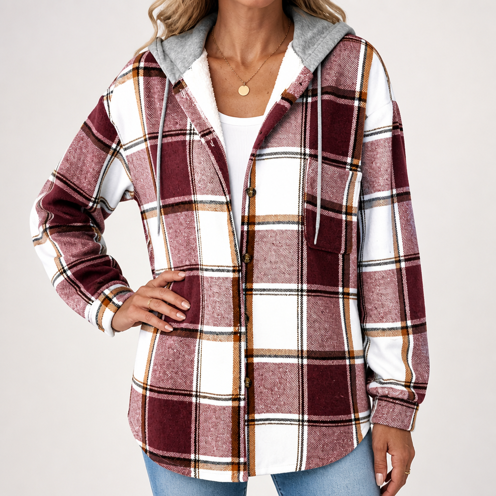 Shiloh | Womens Plaid Hooded Button Up Casual Shirt Jacket, Dark Red