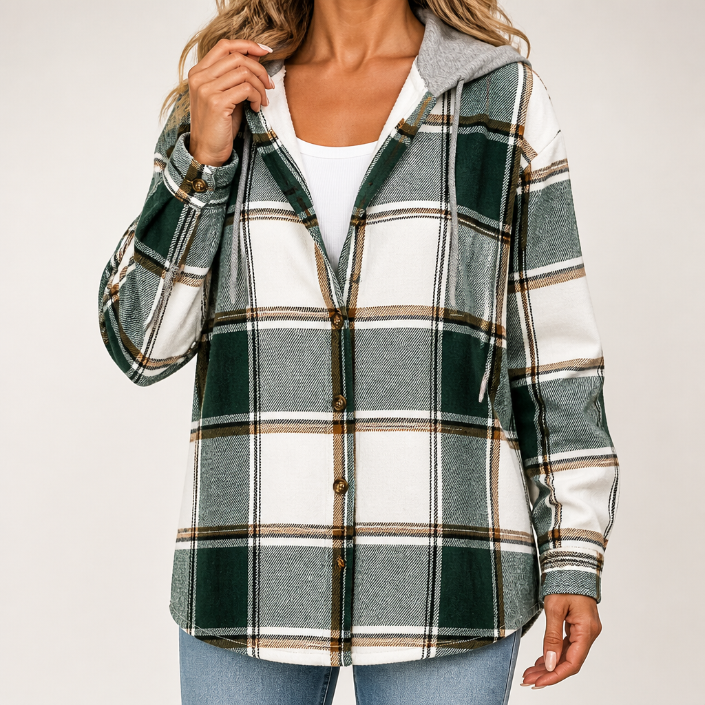 Shiloh | Womens Plaid Hooded Button Up Casual Shirt Jacket, Olive Green