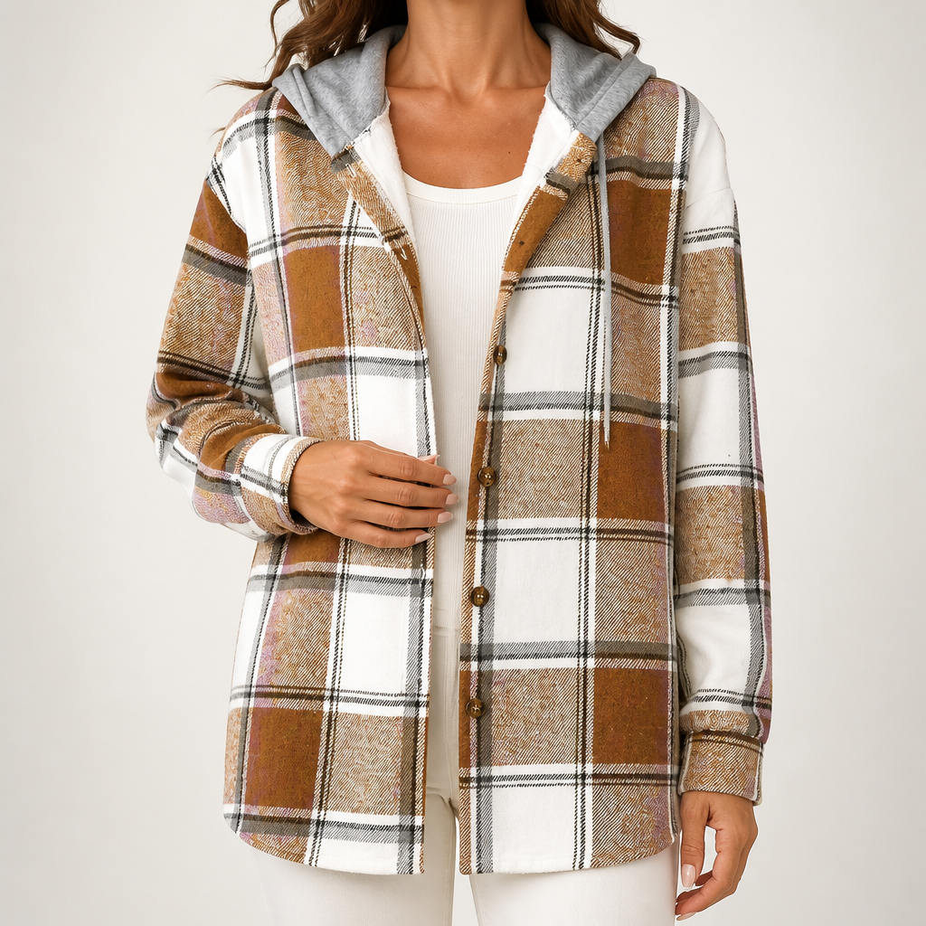 Shiloh | Womens Plaid Hooded Button Up Casual Shirt Jacket, Khaki