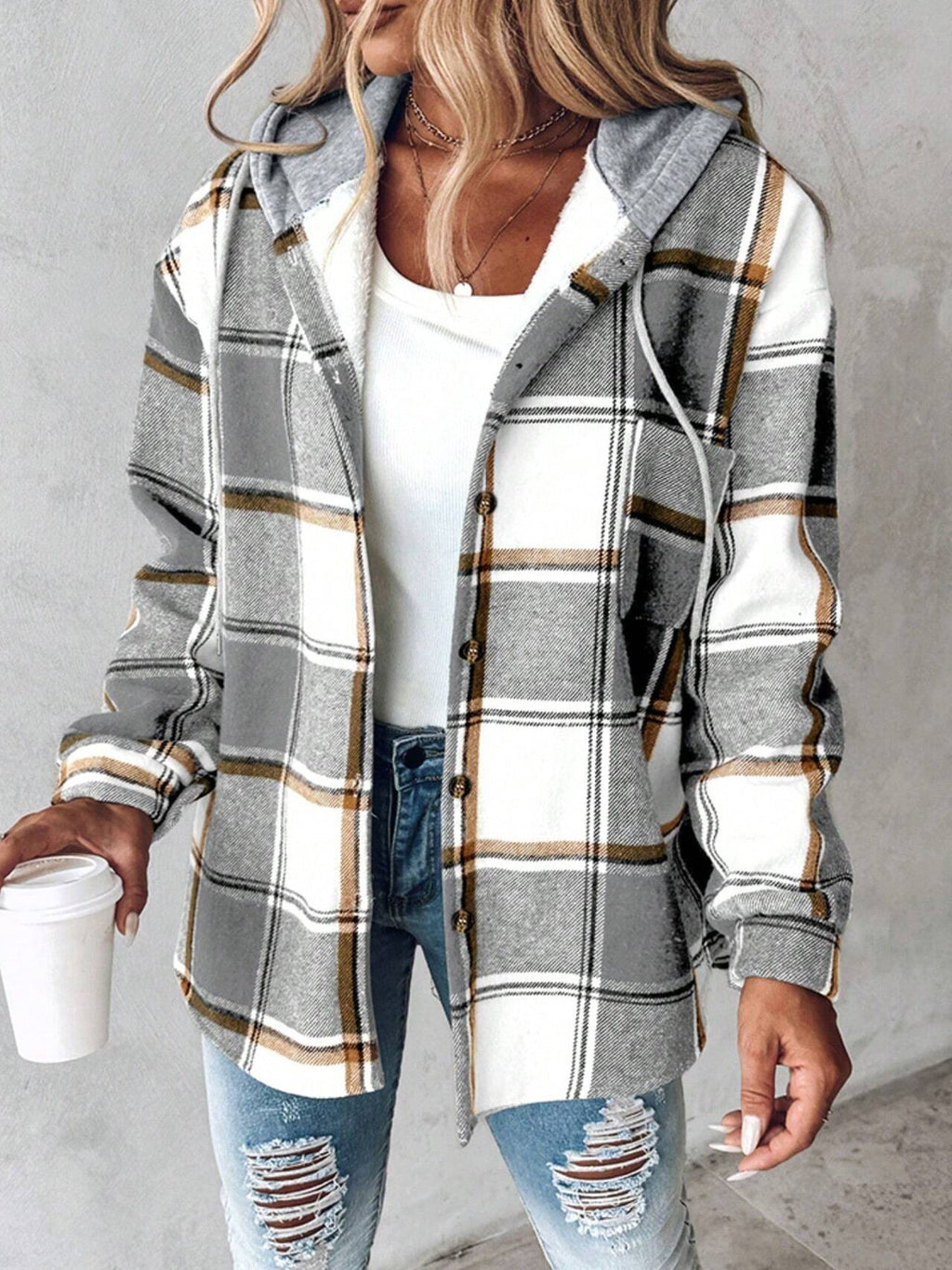 Shiloh | Womens Plaid Hooded Button Up Casual Shirt Jacket