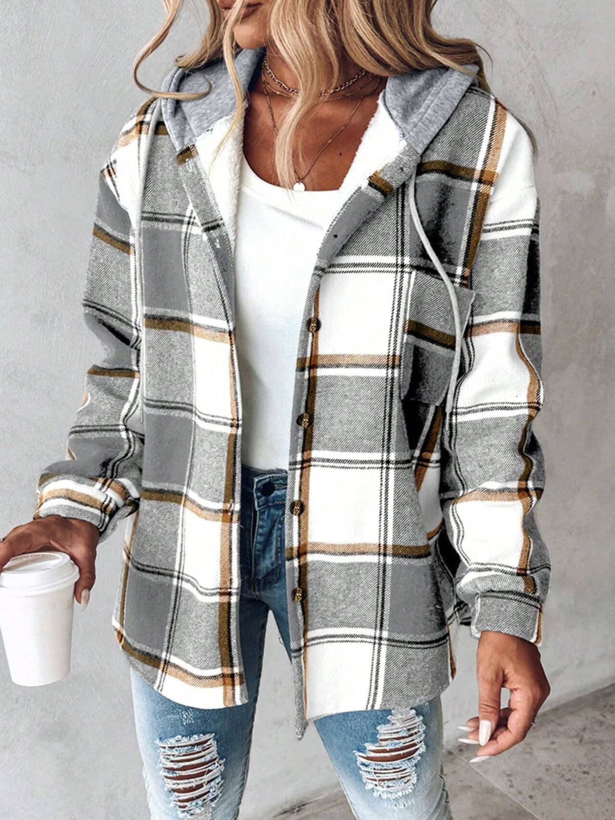 Shiloh | Womens Plaid Hooded Button Up Casual Shirt Jacket