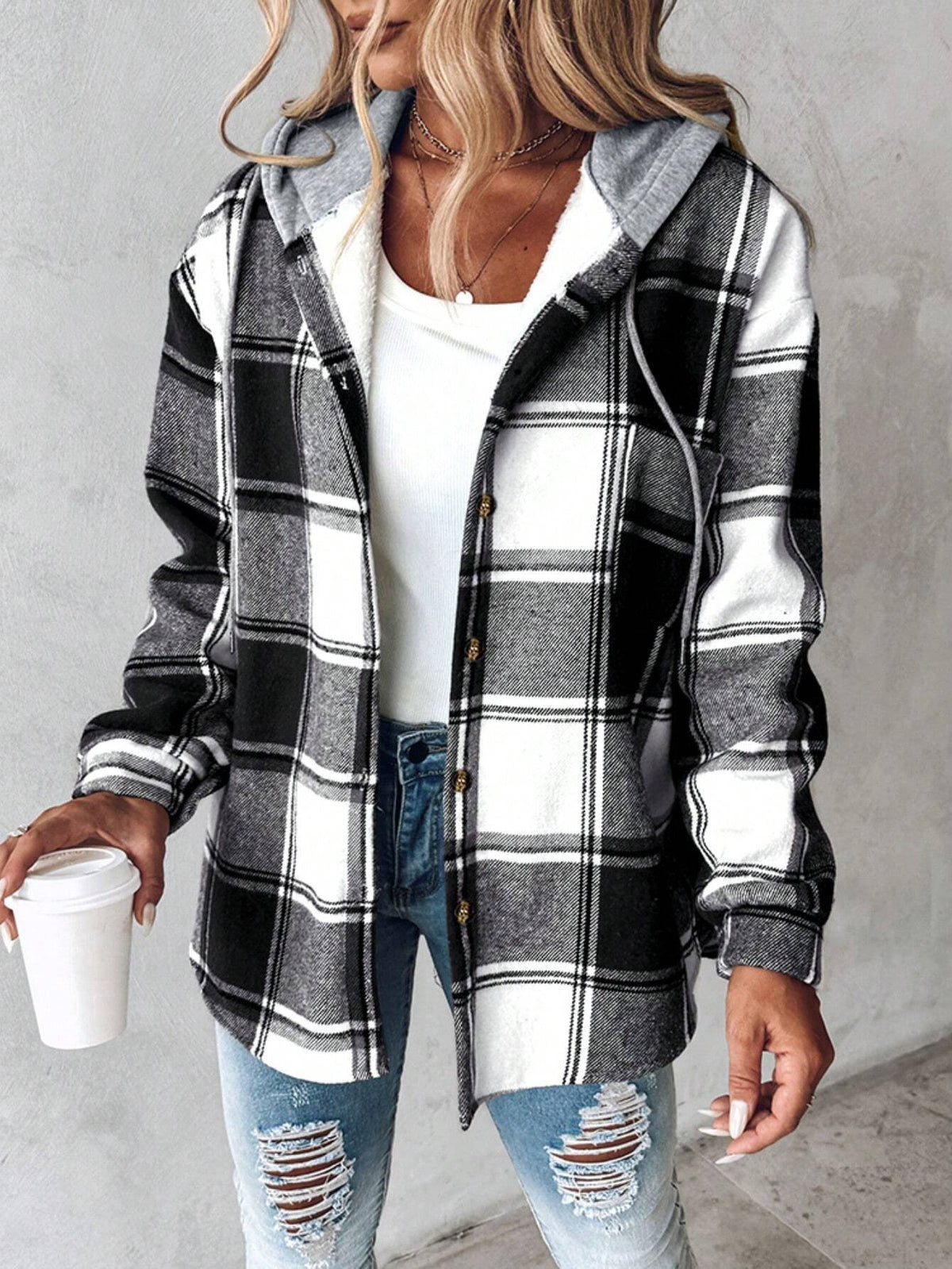 Shiloh | Womens Plaid Hooded Button Up Casual Shirt Jacket