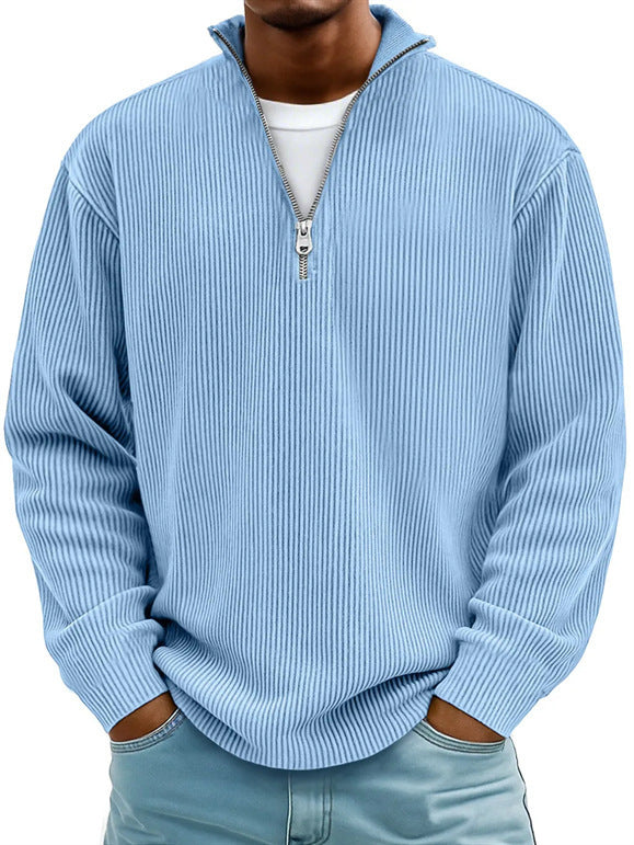 Silas | Mens Corduroy Stand Collar Zip Polo Long Sleeve Top - 1