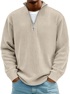 Silas | Mens Corduroy Stand Collar Zip Polo Long Sleeve Top - 9