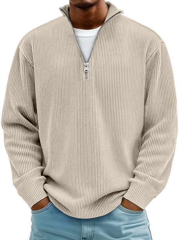 Silas | Mens Corduroy Stand Collar Zip Polo Long Sleeve Top - 9