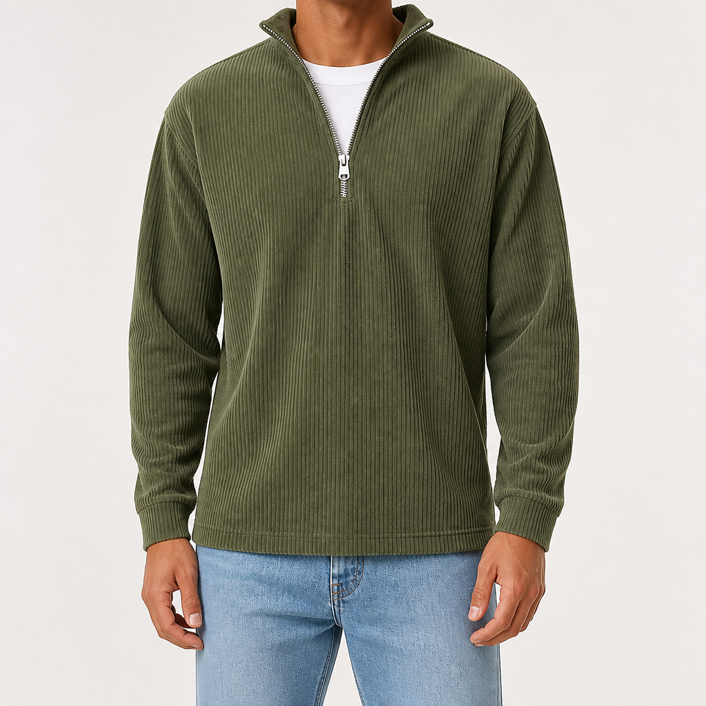 Silas | Mens Corduroy Stand Collar Zip Long Sleeve Polo, Army Green
