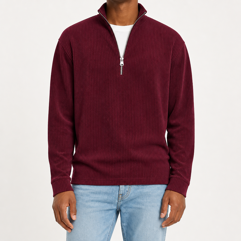 Silas | Mens Corduroy Stand Collar Zip Long Sleeve Polo, Wine Red