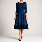 Skylar | Womens Floral Wedding Guest Round Neck Straight Midi Dress, Dark Blue