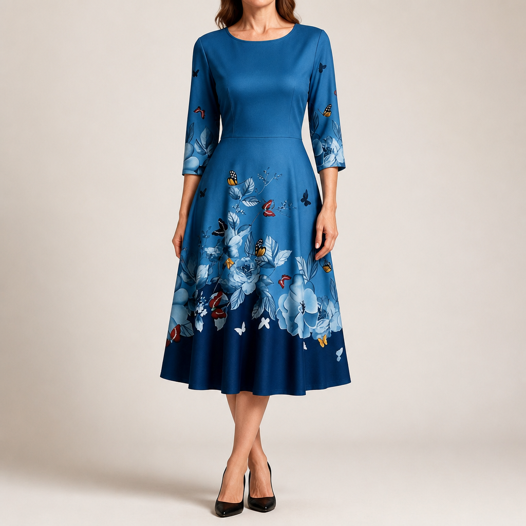 Skylar | Womens Floral Wedding Guest Round Neck Straight Midi Dress, Blue
