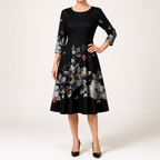 Skylar | Womens Floral Wedding Guest Round Neck Straight Midi Dress, Black