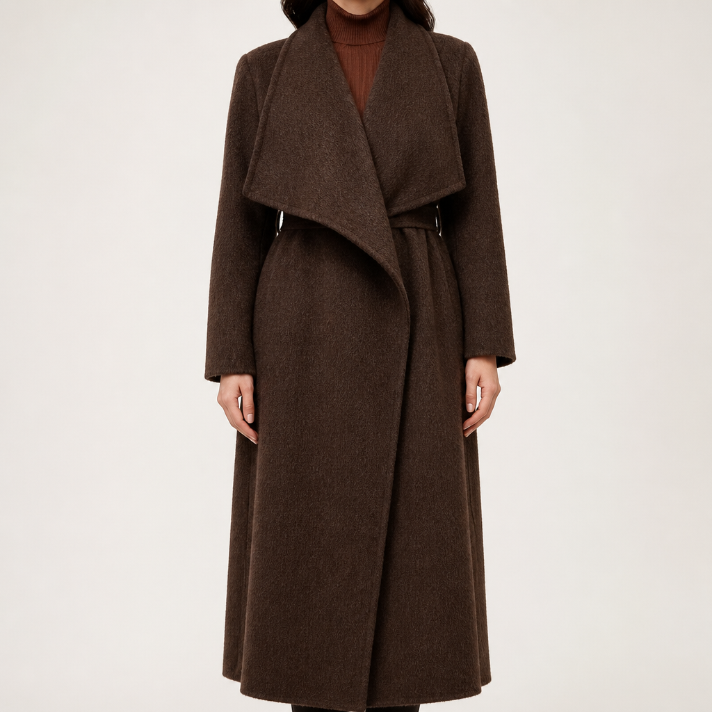 Sonia | Womens Long Wool Blend Coat Stand Collar Warm Winter Overcoat Outerwear, Brown