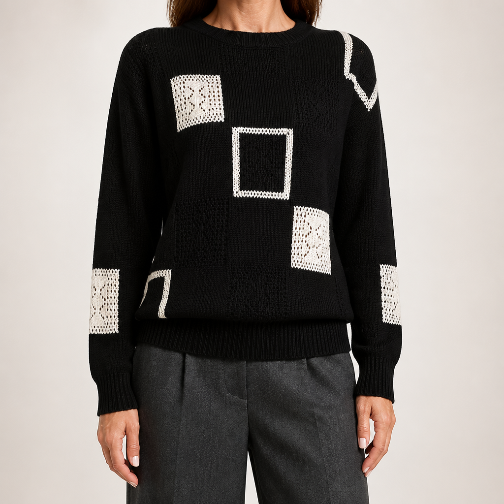 Sonya | Womens Checkerboard Soft Open Knit Relaxed Fit Pullover Sweater, Black