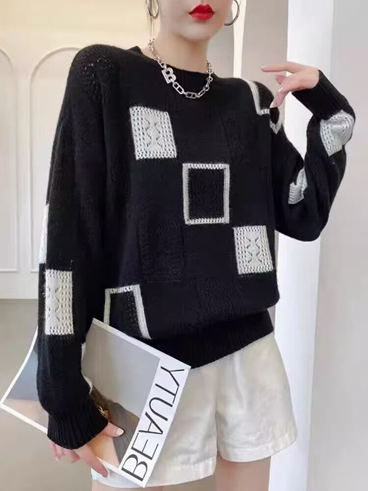 Sonya | Womens Checkerboard Soft Open Knit Relaxed Fit Pullover Sweater, Black