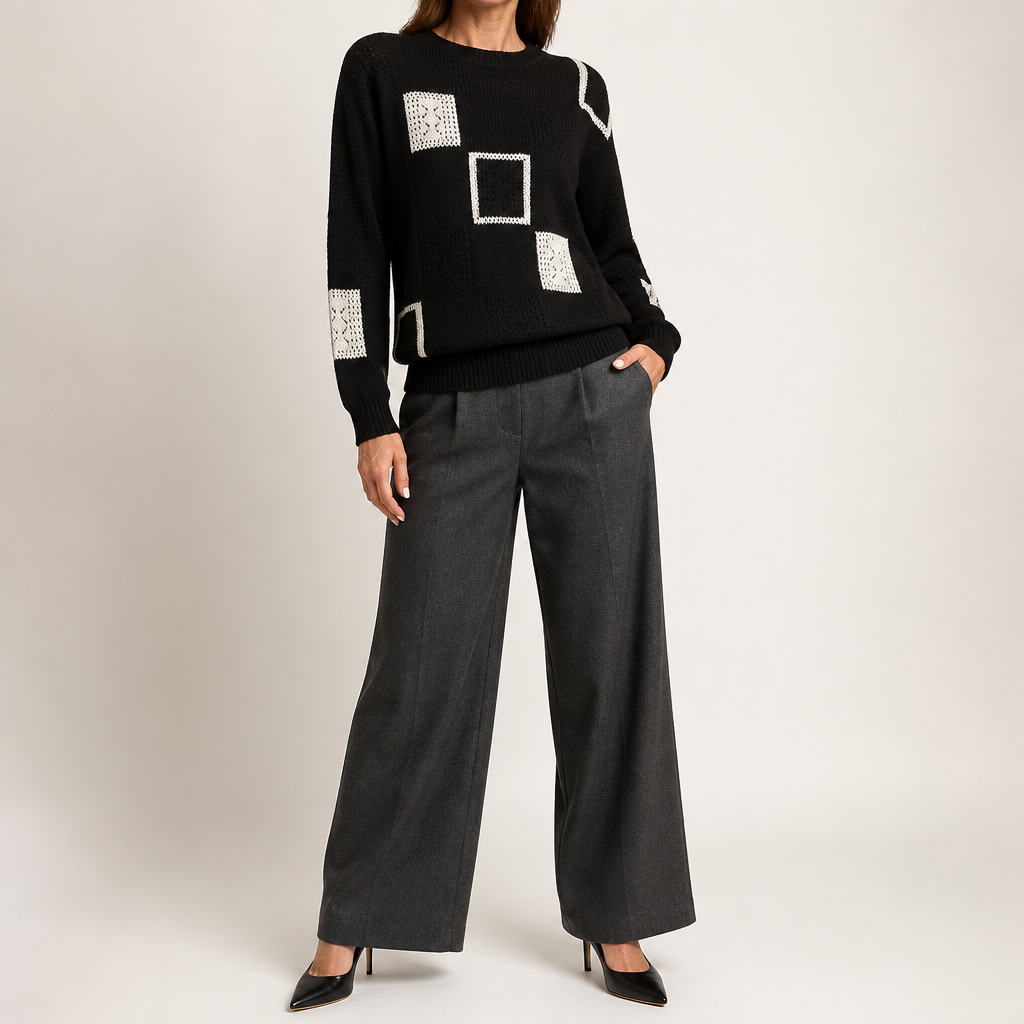 Sonya | Womens Checkerboard Soft Open Knit Relaxed Fit Pullover Sweater, Black