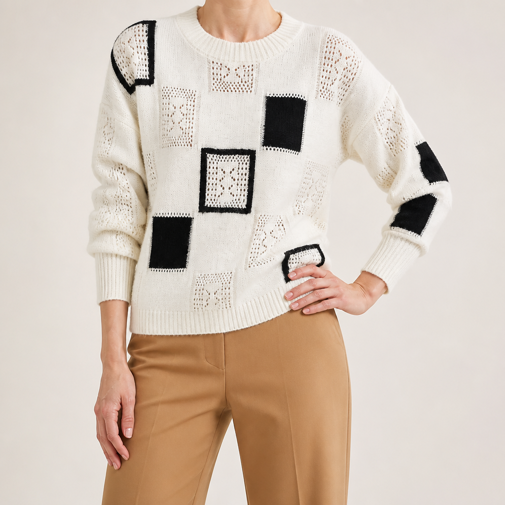 Sonya | Womens Checkerboard Soft Open Knit Relaxed Fit Pullover Sweater, White