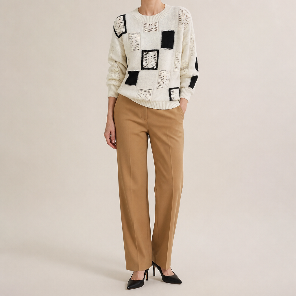 Sonya | Womens Checkerboard Soft Open Knit Relaxed Fit Pullover Sweater, White