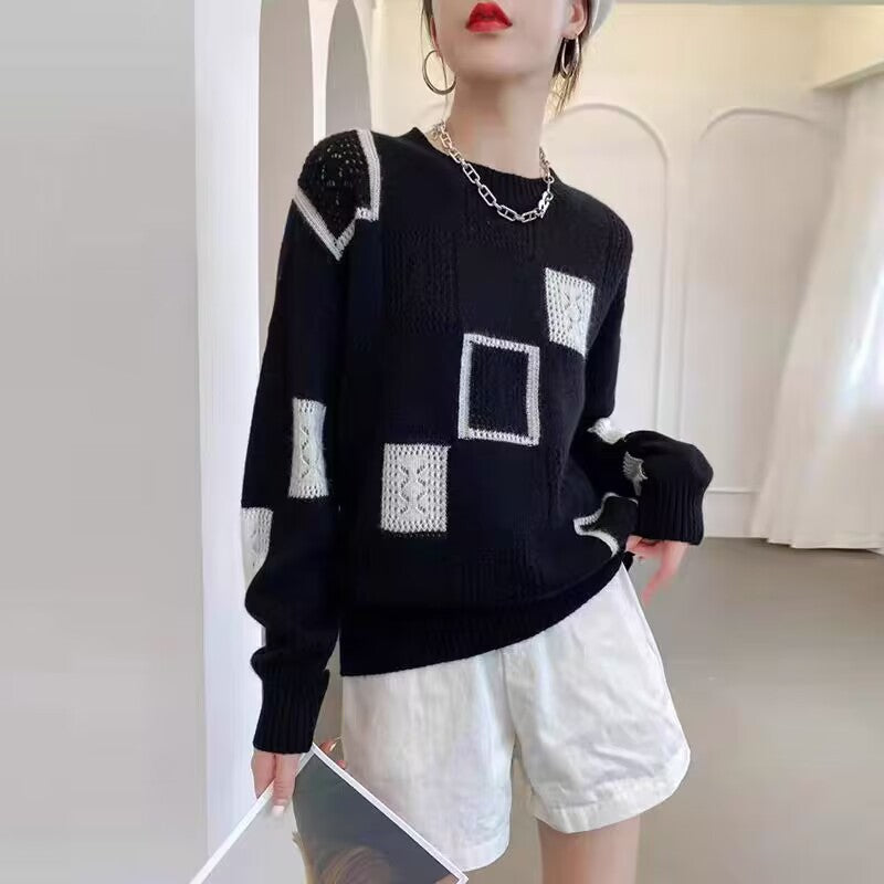 Sonya | Womens Checkerboard Soft Open Knit Relaxed Fit Pullover Sweater, Black