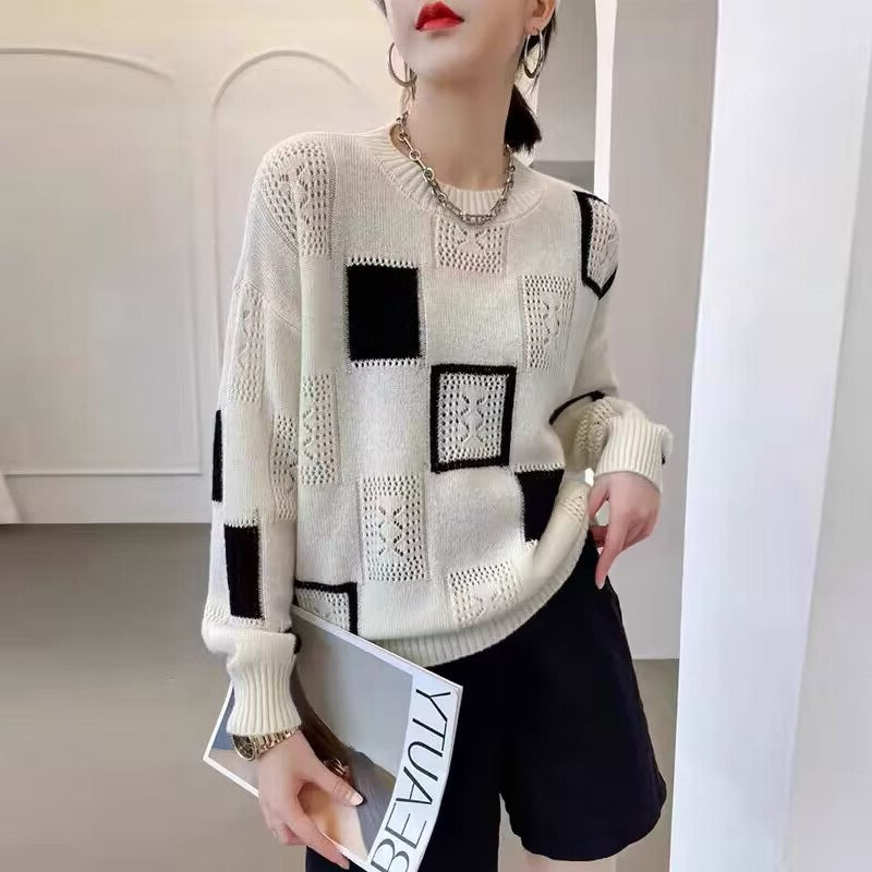 Sonya | Womens Checkerboard Soft Open Knit Relaxed Fit Pullover Sweater, White