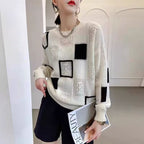 Sonya | Womens Checkerboard Soft Open Knit Relaxed Fit Pullover Sweater, White