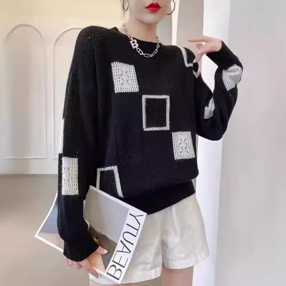 Sonya | Womens Checkerboard Soft Open Knit Relaxed Fit Pullover Sweater, Black
