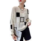 Sonya | Womens Checkerboard Soft Open Knit Relaxed Fit Pullover Sweater, White