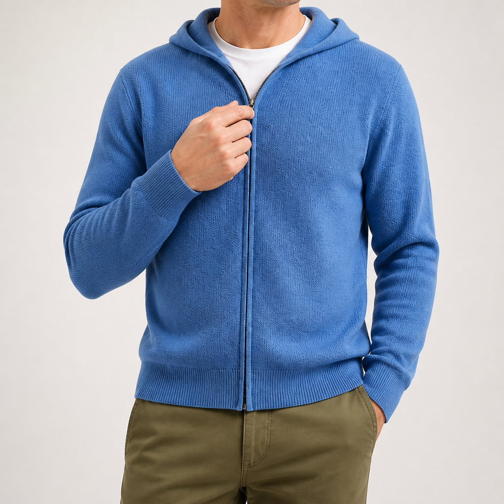 Soren | Mens Knitted Hooded Zip Up Jumper Sweater Cardigan, Blue