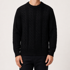 Sterling | Mens Cable Knitted Jumper Round Neck Loose Sweater, Black